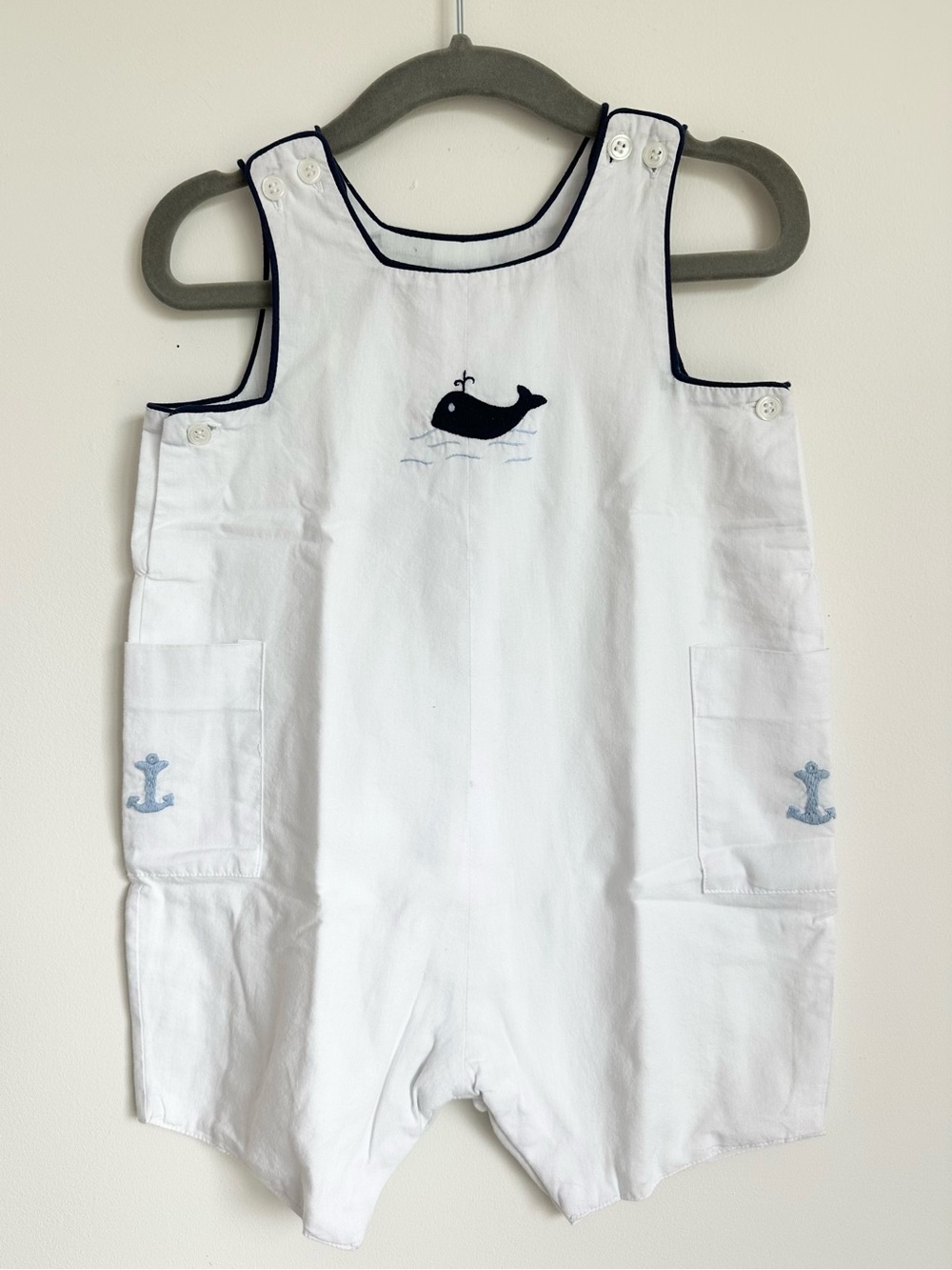 JEANINE JOHNSEN Baby Blue Romper with Navy Whale & Anchor Embroidery 6-12M